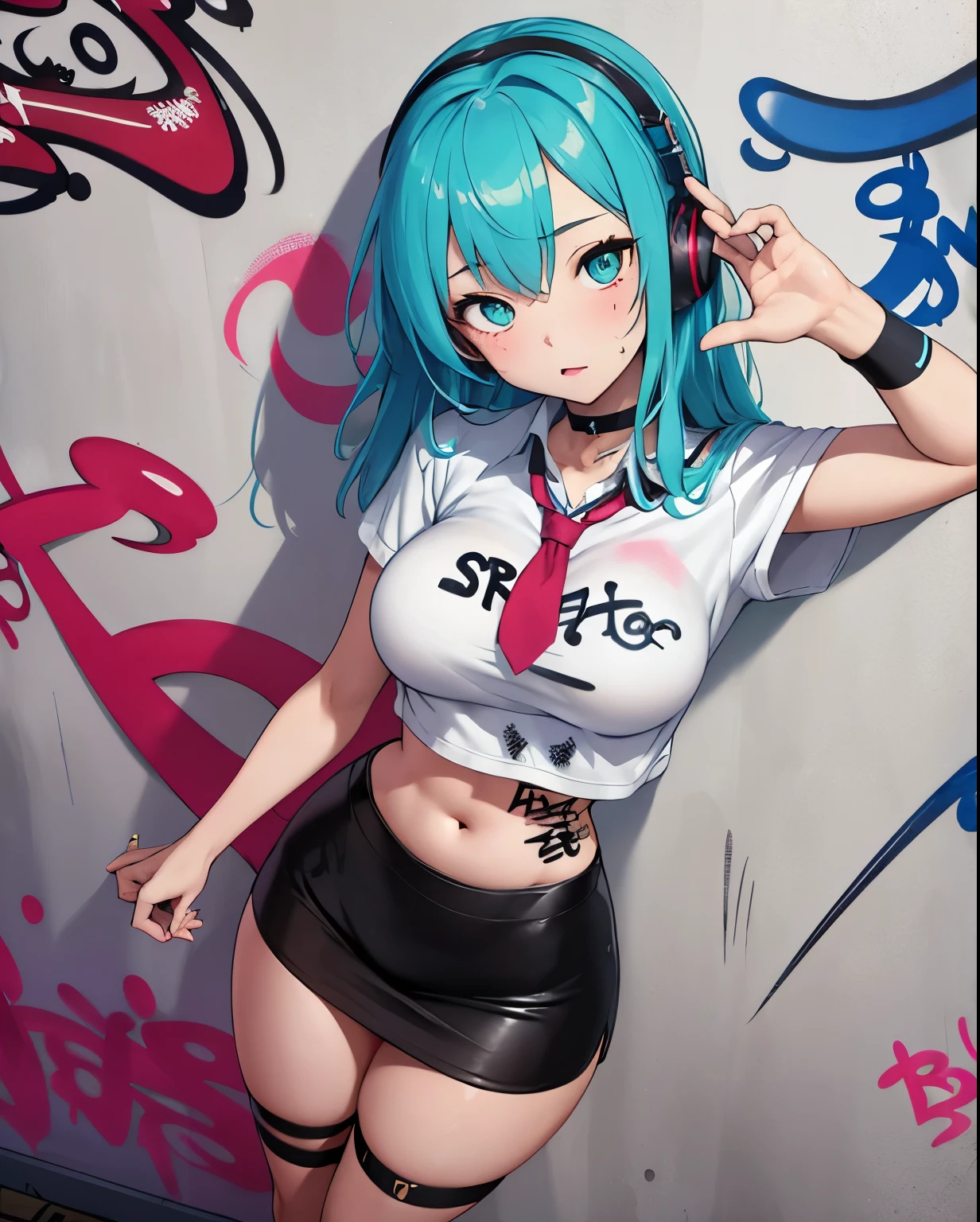  ((kinako (shiratama mochi) style)), colorful eyes, soft style, masterpiece, solo, 1 girl, topless, large nipples, nipples, black shorts, beautiful art, vibrant, colorful, medium breasts, multicolored hair, cat ear headphones, full bangs, , body, narrow waist, slender legs, hairband, choker, smiling, peace sign, spats, navel, thigh strap, abstract, paint splash, light hair, tongue out, long tongue, side tail hair ornaments, paint on body, waist pouch, heterochromia, star sticker on face, multicolored eyes, high angle shot, top view, black eyeliner, sparkling, winking