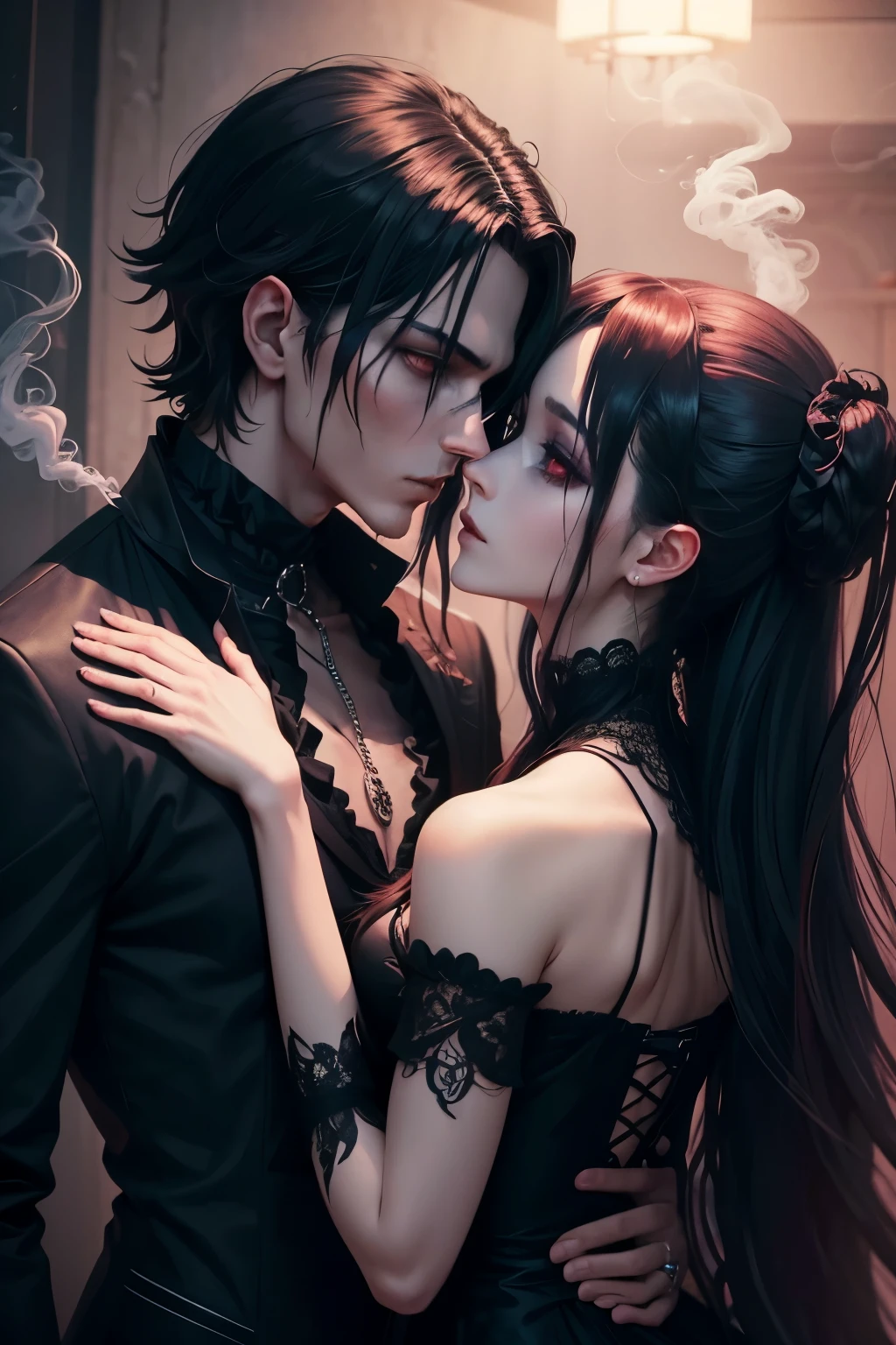 there are 1 woman and 1 man close to each other, anime style, they both are gothics and satanic look, beautiful, best quality, dark, 8k, somber, smoke