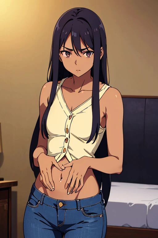 ((masterpiece)), (detailed), dark-tanned skin anime woman wearing a v-neck button-up Collar Knitted Top, (bare shoulders), (bare arms), (jeans), (long hair), starving, (resting hands on the stomach), (hands on the stomach), (slim woman)