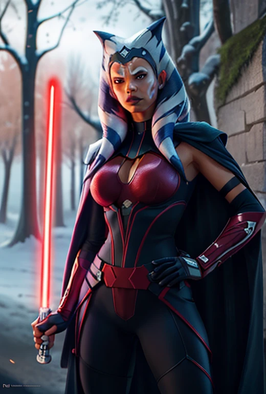 photorealistic, octane render, best quality, sharp focus, 8k, 4k, Masterpiece, Best Quality, realistic skin texture, extremely detailed, intricate, hyper detailed, illustration, soft lighting, high resolution, sharp detail, ahsoka tano, young, dark_ahsoka, sith, full body, evil, red lightsaber
with red visor,armor,black gloves,black bodysuit,cape, black pants,looking at viewer, standing, medium shot, hands on hips, outside, park, trees, winter, blue sky, high quality, masterpiece,