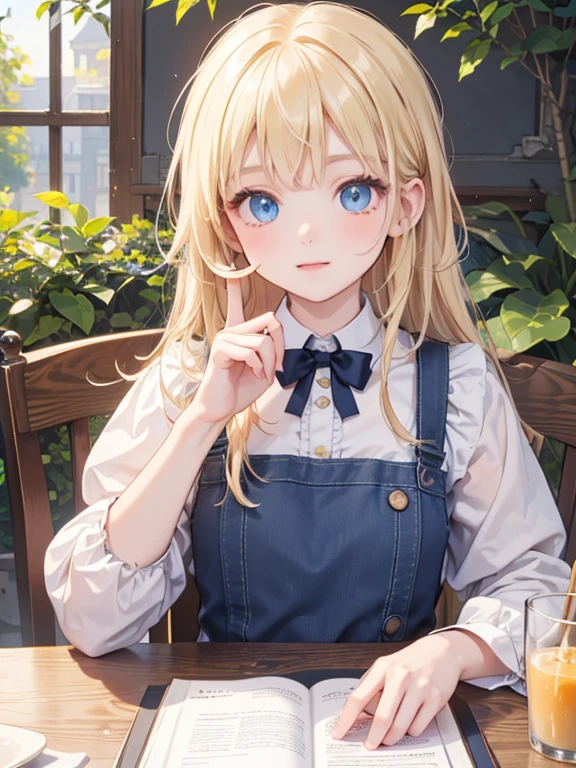 (8k, highest quality, tableトップ:1.2)、Ultra-high resolution, One 12-year-old girl, Perfect Fingers, Detailed face, blue eyes, Blonde, Braid, Blue Apron Dress, Alice in Wonderland, Castle garden, Trump's Soldiers, table, 白いtableクロス, Tea party