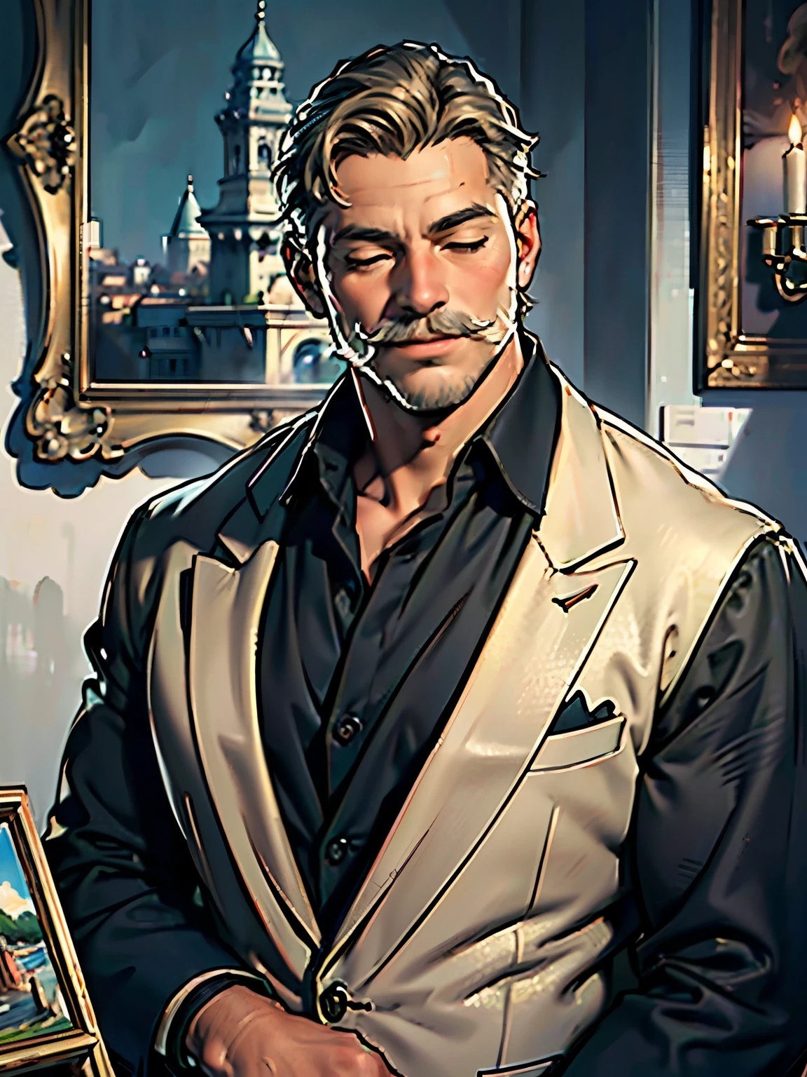 British gentleman, black suit,sarcastic smile face, very fat!!!, fat, chubby!!!, eyes closed, monocle, are fat, anime painting, detailed face and features, sophisticated facial expression, distinguished mustache, tall and elegant, perfect posture, vibrant colors, natural lighting, classic style. (best quality,4k,8k,highres,masterpiece:1.2), ultra-detailed, (realistic,photorealistic,photo-realistic:1.37), art gallery ambiance, fine brushstrokes, traditional art techniques, regal aura, elegant background, vintage setting.