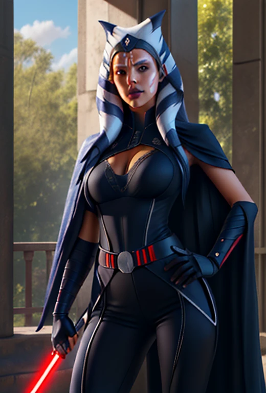 photorealistic, octane render, best quality, sharp focus, 8k, 4k, Masterpiece, Best Quality, realistic skin texture, extremely detailed, intricate, hyper detailed, illustration, soft lighting, high resolution, sharp detail, ahsoka tano, young, dark_ahsoka, sith, full body, evil, red lightsaber
with red visor,armor,black gloves,black bodysuit,cape, black pants,looking at viewer, standing, medium shot, hands on hips, outside, park, trees, winter, blue sky, high quality, masterpiece,