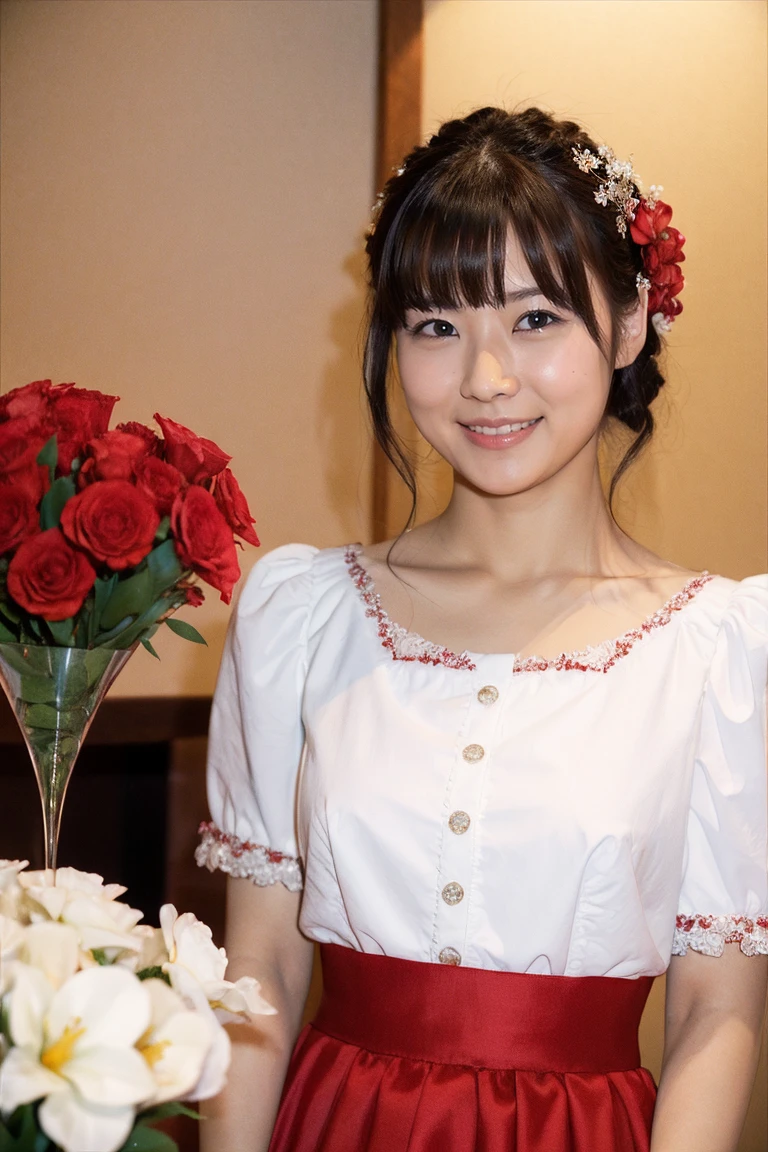 Medium Size Display, Medium Shot, Depth of the written border, bust, Upper Body, Movie angle, masterpiece, highest quality, Very detailed, CG, 8k wallpaper, Beautiful Face, Delicate eyes, Otome, alone, smile, bangs, skirt, shirt, have, Crimson Dress, bow, petal, bouquet