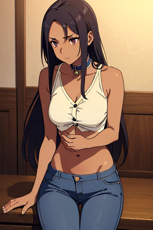 ((masterpiece)), (detailed), dark-tanned skin anime woman wearing a deep v-neck button-up Collar Knitted crop shirt, (bare shoulders), (bare arms), (jeans), (long hair), starving, (resting hands on the stomach), (hands on the stomach)