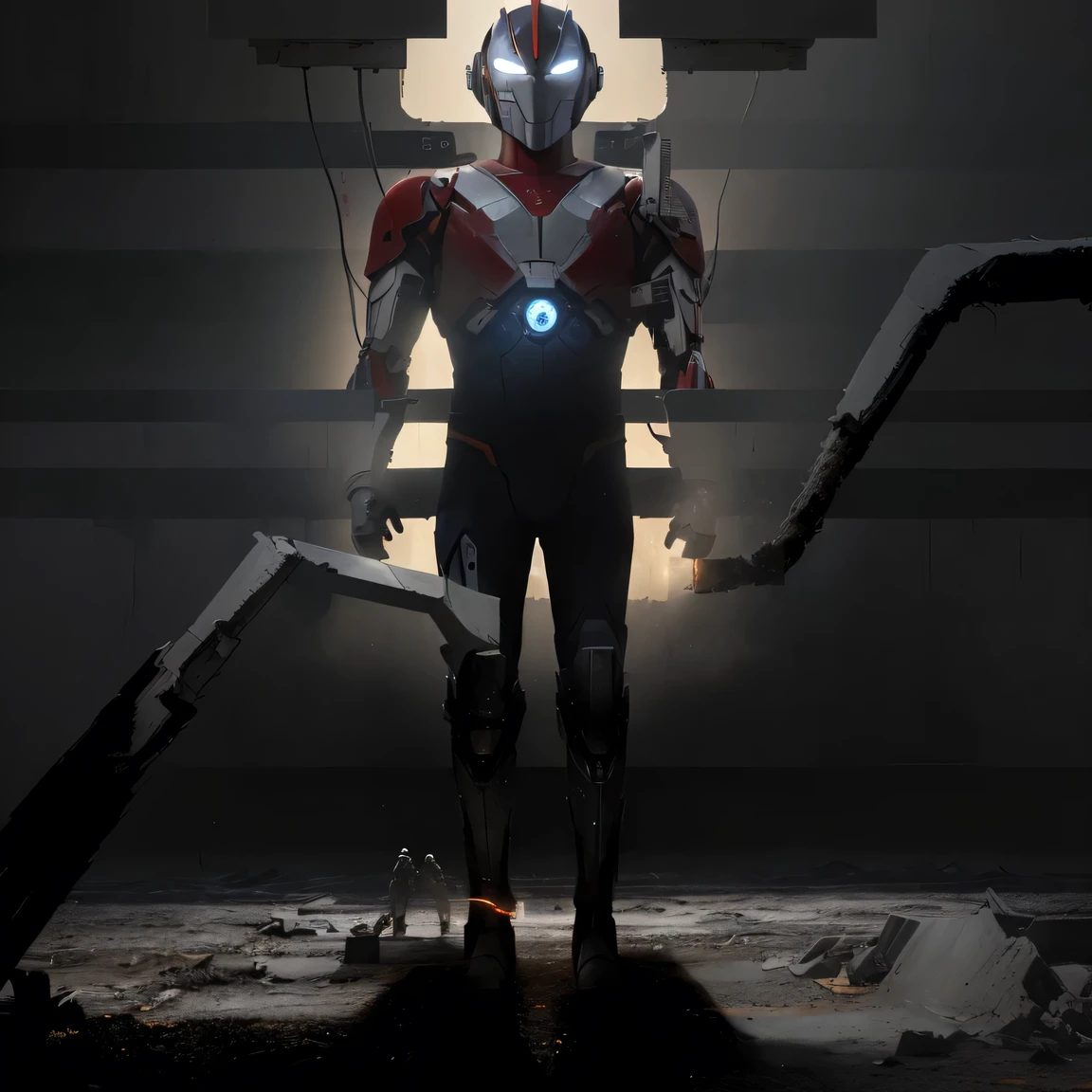 There is an Ultraman standing in front of a huge cross, The machine is repairing his arm.，The light in my chest is on.，The machines and people under his feet are repairing this