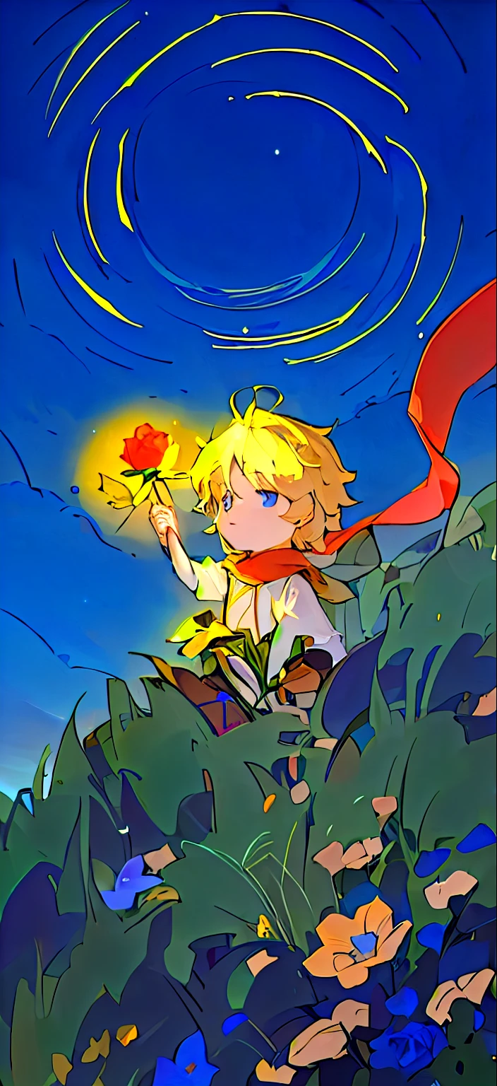 8K,Improved image quality、Fine carving、Background details、Clarity!!Sunset 、Starry Sky,,little Prince、little Prince坐在lawn上,Holding a red rose,Starry Sky,lawn,Blue and flowers,Picture Books、fairy tale、