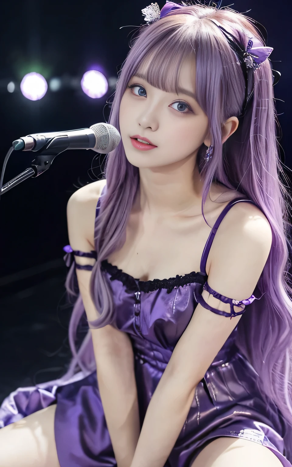 (highest quality, Spread Legs:1.2), 1 female singer, 20 years old, Otherworldly fantasy,Shoulder strap,Sing alone, Light purple hair,Beautiful eyes in every detail),Upper Body,bangs,ear, Gorgeous deep purple outfit, Mysterious, Long Hair, blush, Displaying the viewer,Singing voice that captivates the audience