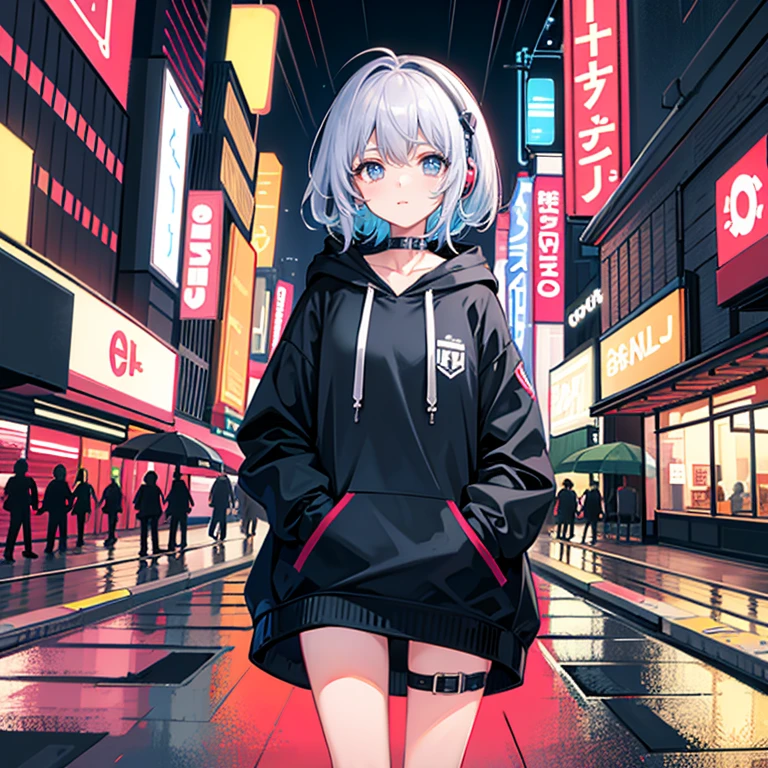 masterpiece, girl alone, solo, incredibly absurd, hoodie, headphones, street, outdoor, rain, neon,
