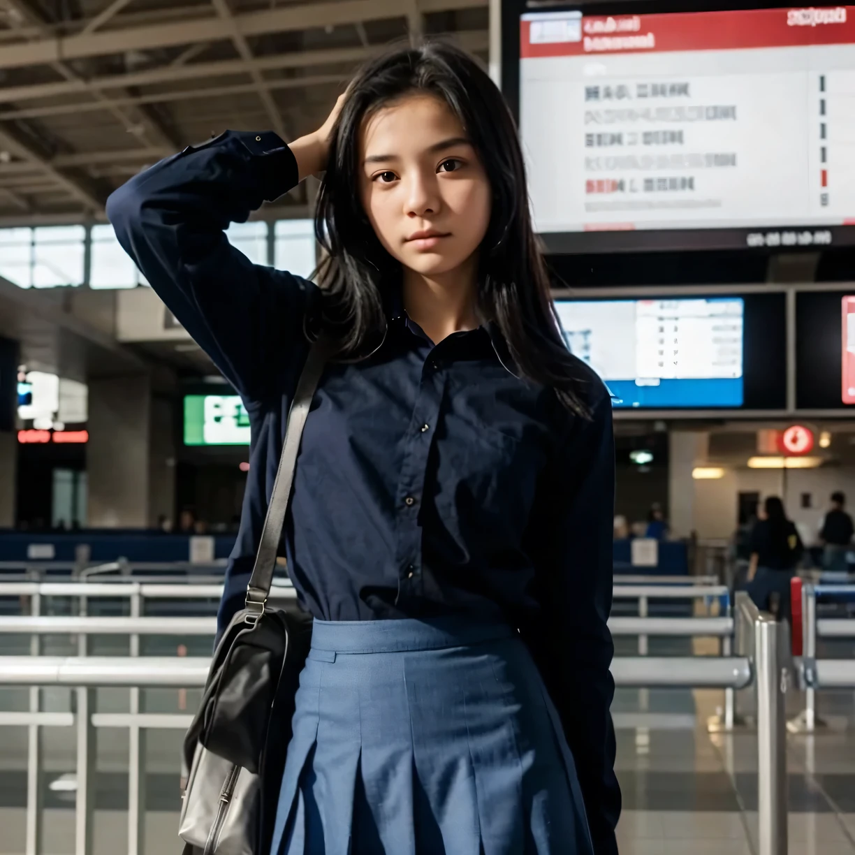  short skinny girl, tucked school shirt, blue long skirt, long sleeves, black hair, in an airport