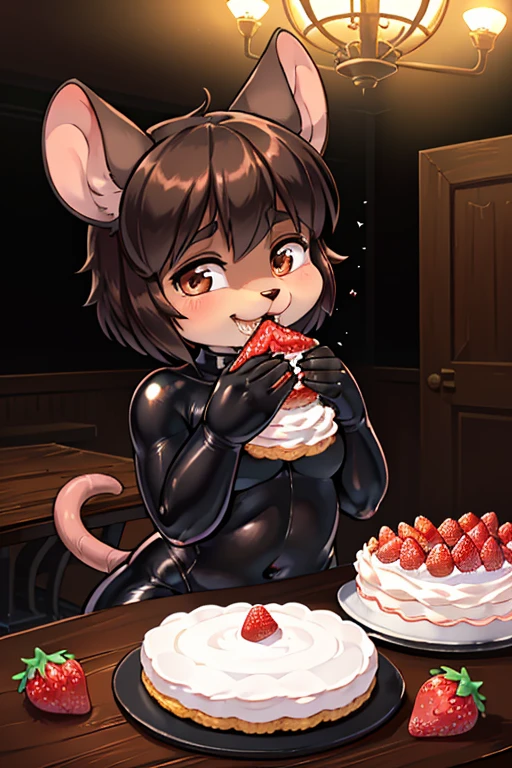 1 hairy Short stature rat girl , (realistic hairy fur:1.2) , round face , (tilt face:1.3) , (Narrow eyes) , Swollen Mumps cheeks , glossy lips , thin body , (blown hair) , Very happy big smile , all black tight fit body suit , dark Inorganic room , dynamic move , (Huge strawberry shortcake on the table:1.2) , (eating huge strawberry:1.2)