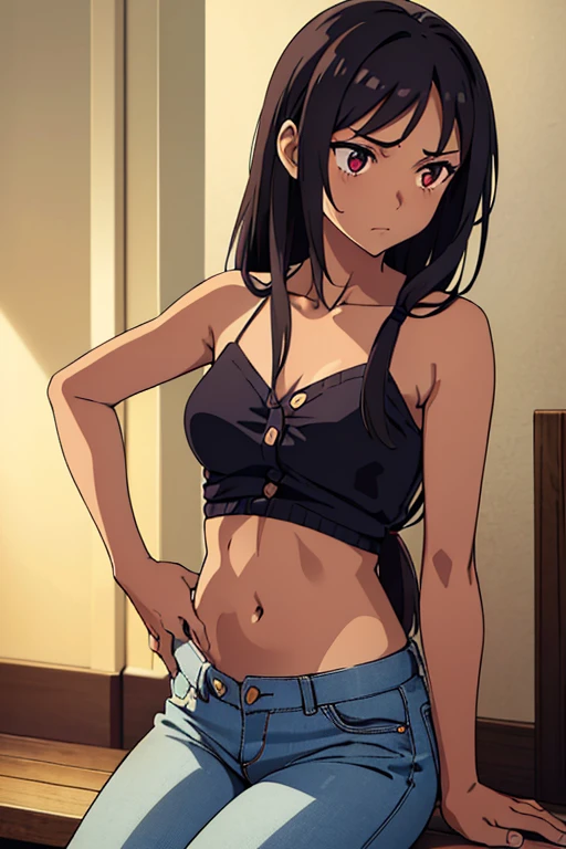 ((masterpiece)), (detailed), dark-tanned skin anime woman wearing a deep v-neck button-up Collar Knitted shirt, (bare shoulders), (bare arms), (jeans), (long hair), starving, (resting hands on the stomach), (hands on the stomach)