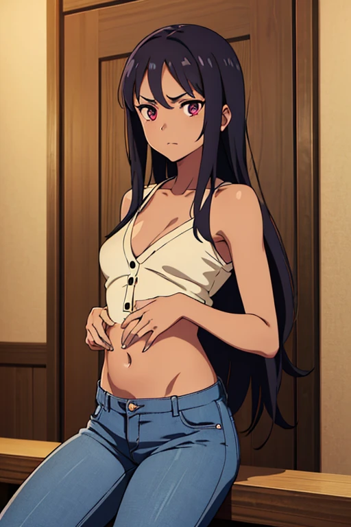 ((masterpiece)), (detailed), dark-tanned skin anime woman wearing a deep v-neck button-up Collar Knitted shirt, (bare shoulders), (bare arms), (jeans), (long hair), starving, (resting hands on the stomach), (hands on the stomach)