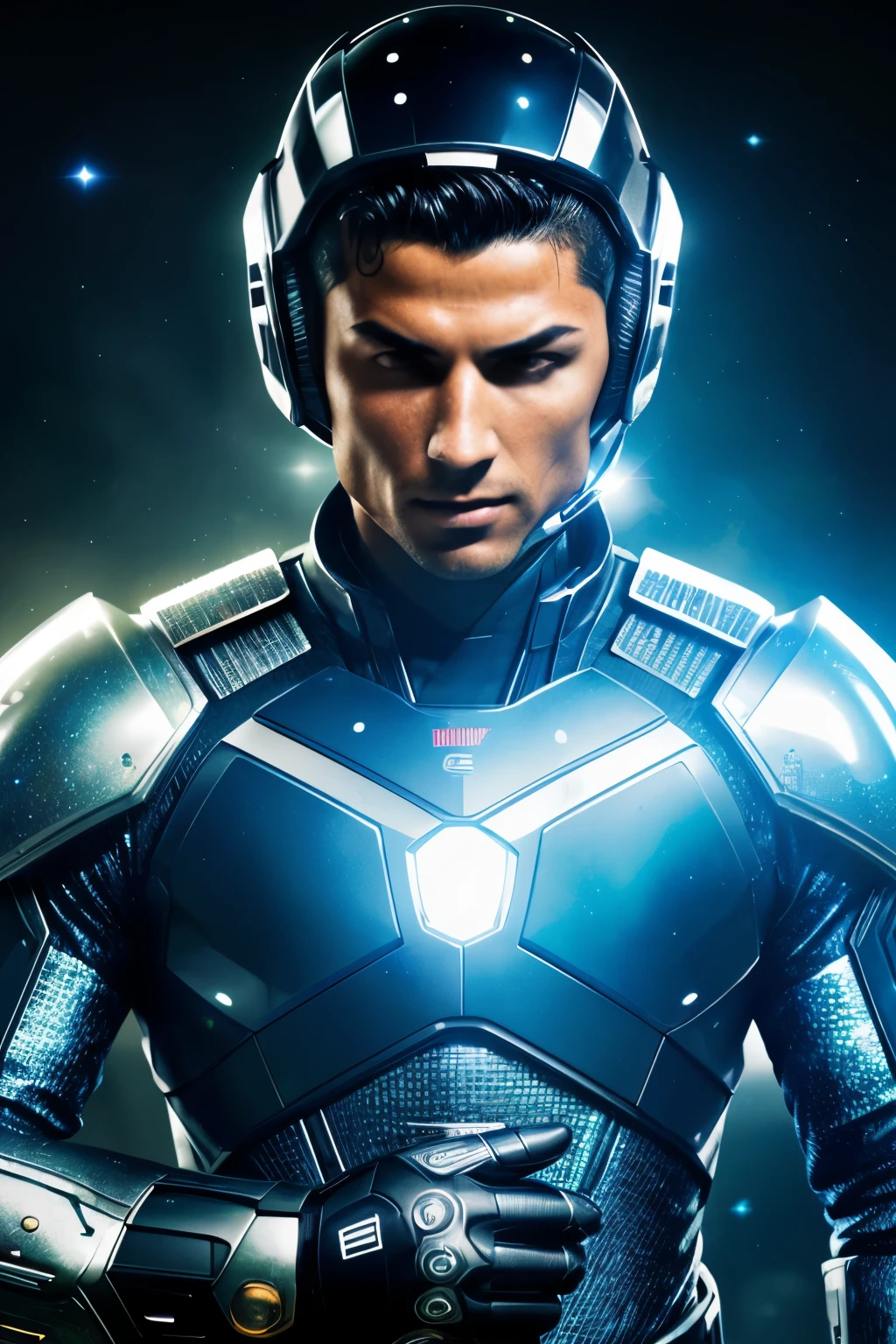 Cristiano Ronaldo, (1 man: 1.5), galactic soldier, action pose, hyper-realistic photography, starry night background, intense focus, (best quality: 2.5), meticulously detailed armor, chiseled features, strong jawline, piercing gaze, high definition, Ultra-High-Res, intricately textured fabric, shiny metal surfaces, volumetric light effects, dynamic composition, 8K UHD, high-speed camera, holographic lighting, compelling expression, cosmic setting, heroic posture, futuristic weapons, bold color palette, realistic textures, detailed facial features, weathered battle-scarred skin, cin