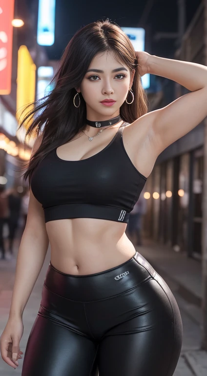 8K, Obra maestra, foto cruda, Mejor calidad, fotorrealista, extremely detailed CG unity 8K wallpaper, Profundidad de campo, cinematic light, destello de lente, trazado de rayos, (Cara extremadamente hermosa, Hermosos labios, ojos bonitos), cara con detalles intrincados, ((piel ultra detallada)) 1 chica, cuerpo completo, pechos grandes, en la oscuridad, sombra profunda, linda chica coreana, KPOP Idol,(cuerpo muy delgado, esbelto y musculoso), ((Mirando al espectador)),(gran sonrisa), (noche de la ciudad de moda, (neon sign), (fondo borroso), Medianoche, (ciudad vacante), (sin gente de fondo), linda chica coreana, pendientes de diamantes blancos, pulseras de dia, collar dia, ojos claros, caminando , tiro frontal, (pale skin), mirar hacia adelante, (ojos grandes), ((tiro en la parte superior del cuerpo)), ((leggins de color rojo)), (dedo de camello, forma), ((camiseta)), (cola de caballo), ((pose de pie)) ((un dedo apuntando hacia adelante))