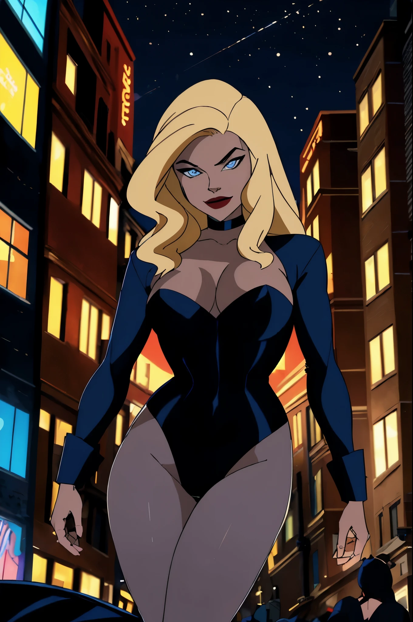 ((masterpiece,best quality)), absurdres,
Black_Canary_JLU,
solo, smiling, looking at viewer, cowboy shot,
night sky and city in background, cinematic composition, dynamic pose,