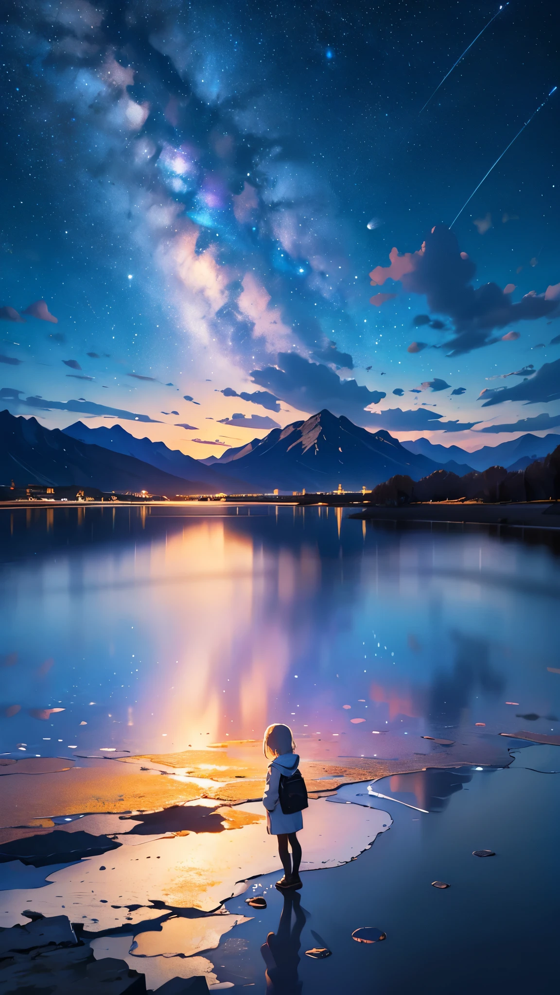 official art, Unified 8K wallpaper, Ultra Detailed, masterpiece, Best image quality,Ultra wide angle,night,no human,Standing by the salt lake,water is like a mirror,reflecting the sky。look up to the sky,Milky Way in the sky,Dynamic angle, grace, Vibrant colors,