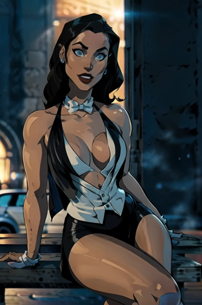 Zatanna, realistic, realism, photorealism, photo-realistic, high contrast, (photorealistic:1.4), 8k high definition detailed realistic, (best quality, masterpiece:1.2), NSFW, photon mapping, radiosity, physically-based rendering, best quality, highly detailed, 1girl, anaa, full body, Jewelry, earring, outdoor,woods,((skirt suit)), suit and bowtie, (((tuxedo))), silk dress shirt, shirt and bowtie, (((bowtie))), ((blazer)), ((suit jacket)), ((waistcoat)), ((bodycon miniskirt)), (((pencil skirt))), pantyhose, tights, stockings, pocket square, tailored suit, (((cufflinks))), smile, full body, high heels,sitting at bar, from side, inside, bar, ,sipping drink, white gloves, hot body , gorgeous breast
