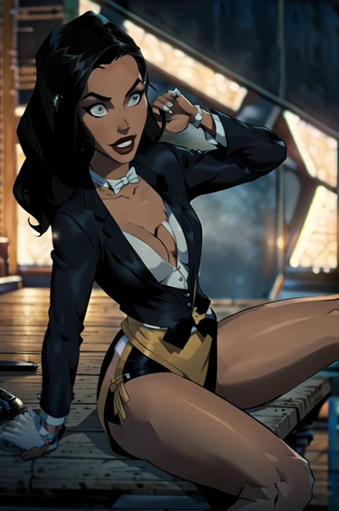 Zatanna, realistic, realism, photorealism, photo-realistic, high contrast, (photorealistic:1.4), 8k high definition detailed realistic, (best quality, masterpiece:1.2), NSFW,  photon mapping, radiosity, physically-based rendering, best quality, highly detailed, 1girl, anaa, full body, Jewelry, earring, outdoor,woods,((skirt suit)), suit and bowtie, (((tuxedo))), silk dress shirt, shirt and bowtie, (((bowtie))), ((blazer)), ((suit jacket)), ((waistcoat)), ((bodycon miniskirt)), (((pencil skirt))), pantyhose, tights, stockings, pocket square, tailored suit, (((cufflinks))), smile, full body, high heels,sitting at bar, from side,  inside, bar, ,sipping drink, white gloves, hot body , gorgeous breast