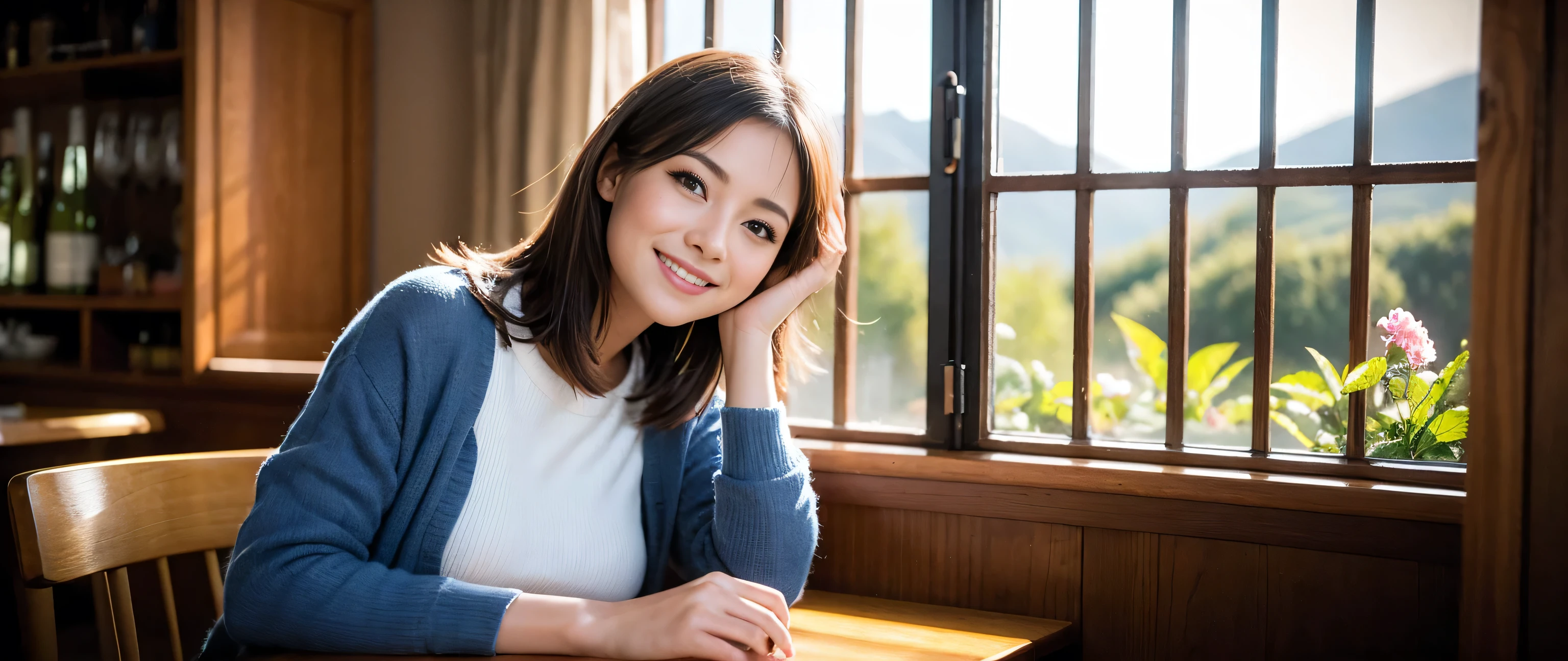 ((highest quality、8k、masterpiece:1.3))、Sharp focus:1.2、Beautiful woman perfect body:1.4、Slim body、((Bob Hale、Straight hair:1.2))、(to be born, highest quality, masterpiece:1.5), (Realistic, Intricate details:1.2), Ultra-high resolution, Shine light on your face、Amazing view of the sunset sky and clouds、Amazing mountain views、A bright smile、A lovely woman with a smile、Bright image、2. The beauty of wine, Beautiful Face, blue eyes, The light shines on your face, Blushing, short hair,Bright Face、Fox face、 (36 years old), 39 years old, Lady、red wine 、Appetizers、Italian food、Wine bottle、Champagne、sparkling wine、Two beauties、Brown Hair、Shortcuts、Long sleeve shirt、dress、Pretty Woman 1, (Slim face), (The body is slim), (Brown Hair), (Shortcuts), cheeks turn a little red,Attractive beauty、, Out of the window, A beautiful and detailed night view unfolds.........., restaurant, In a prominent place (From the waist up) Nova Frog Style, actress, model, Upper Body, White wine, slim, wine glass, A wine glass placed in the middle, smile, (smile: 1.15), Beautiful fine grain, Depth f/2,saturation, High Contrast, Strong light and shadow,Moist Body:1.5、3D texture、Delicate eyes、Brown Hair、The hair is very shiny、