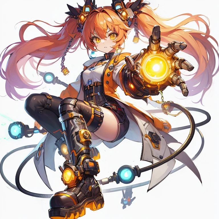 (Masterpiece, best quality), ultra-detailed, full-bodied cyber punk magical girl, hold on high tech gauntlet, orange hair, glowing yellow eye, cute girl outfit, cyber hi-tech boots, high resolution, digital painting, 8k high resolution, trending art station, white background, whole body.