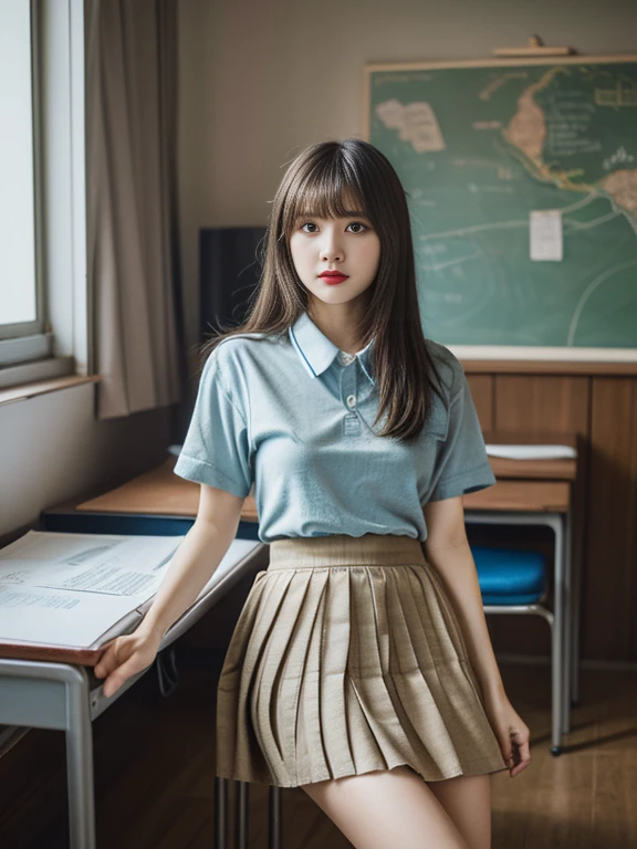 One Girl, Highly detailed CG synthesis 8k wallpaper, expensively detailed, expensive-definition raw color photos, Professional photography, Realistic portraits, Cinematic Light, bangs, (expensive , Pleated mini skirt:1.3), School, Shabby room,Sitting at a desk