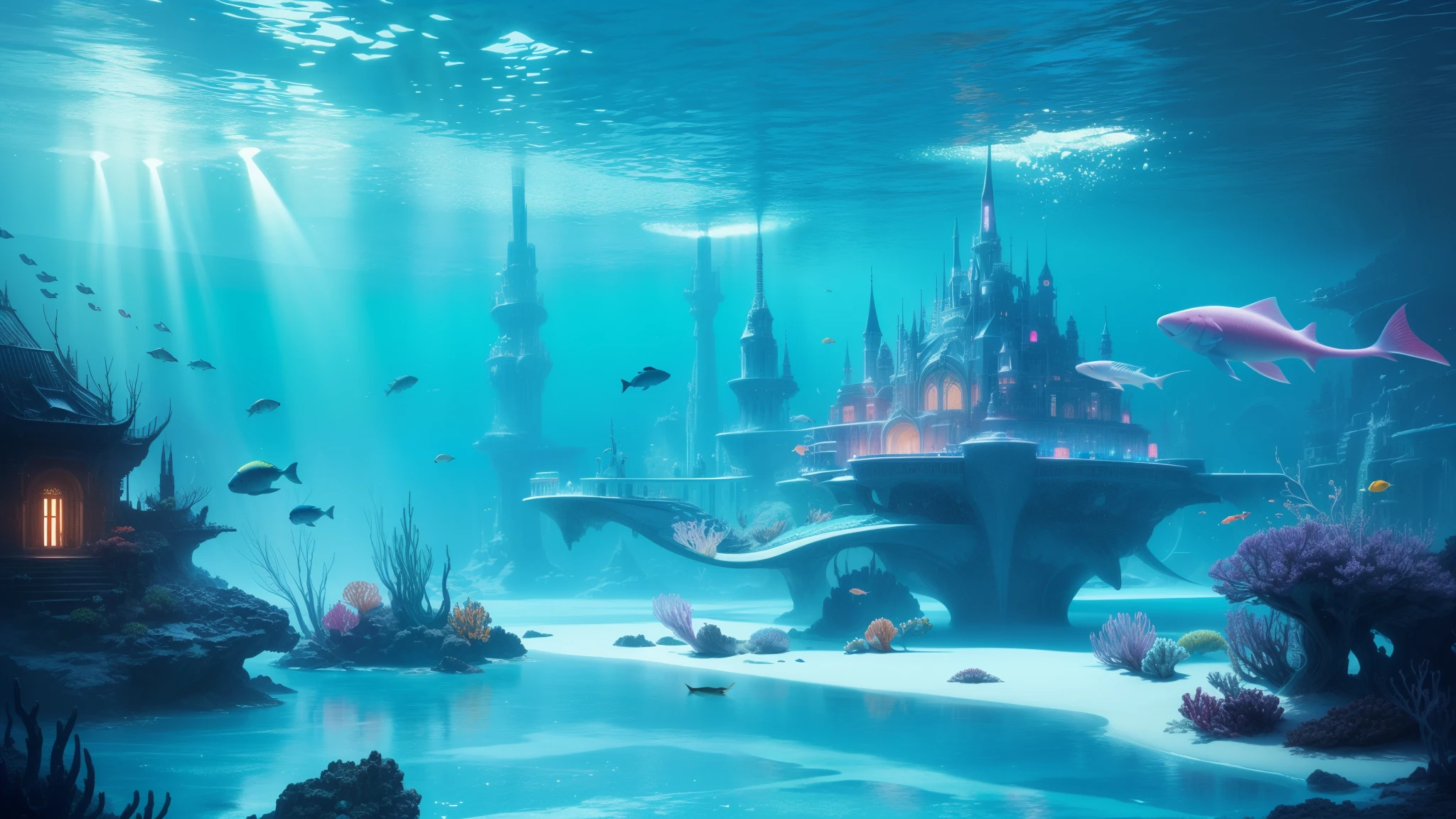 ((nood)), ((tmasterpiece)), (A detailed)),translucent underwater ice palace,colorful atlantis city,Colorful underwater kingdom,Futuristic underwater city,futuristic technology,Alien Technology,colorful magical sea creaturearvel Universe,Cyberpunk of the future,Surreal dreams,Surrealist Art Fantasy Style,Epic Digital Fantasy Art Style,Art Germ, Broken glass, ((Cheerful underwater landscape)) ,Rendering synchrotron octane ratings is very detailed