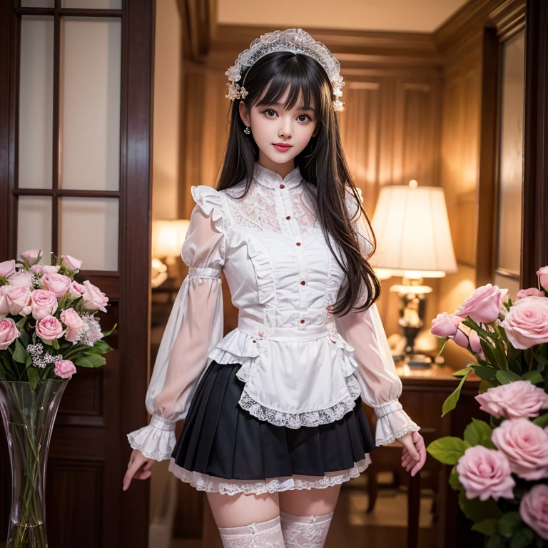 best quality, masterpiece, lifelike, 1 girl, solitary, eternity, Black Hair, Long curly hair, Bangs, laugh out loud, layered lace skirt, Puff sleeves, Wide sleeves, Transparent sleeves, flower, Detailed background, Delicate face,pink blush,White,Knee socks, Pink shoes,cold,Lots of lace,((masterpiece))、(top quality)、8k、High Detail、Ultra Detailed、 21 years old female,masterpiece、born、Intricate details showcase the ruffles and intricate designs of the ta dress、fair、magic、realism、Visual effects、FXAA、SSAO、shader、voiceless、Ambient Lighting、Tone Mapping、high resolution、Ultra HD、Million pixels、(8k resolution:1.10)、8k resolution、High Detail、Intricate details、 (high quality:1.2、masterpiece:1.2、:1.21)、(21 years old female),Hair accessories are not allowed, Laugh happily,Short skirt