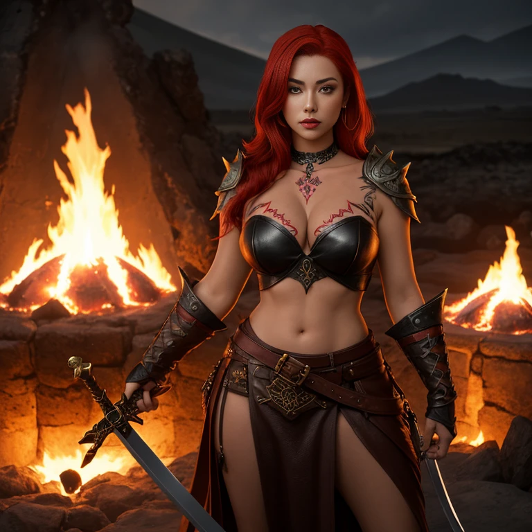 Tall beautiful and strong female fire giant with red hair and large sword, glowing tattoos and tanned skin wearing a revealing leather top, background is a volcano forge