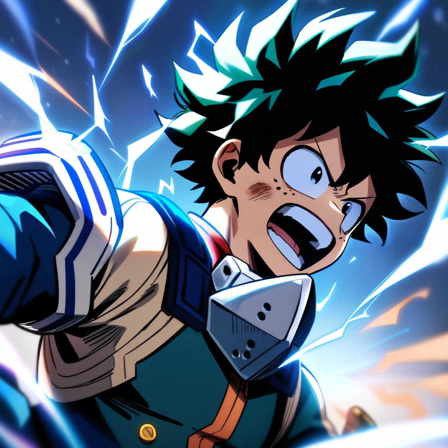 1boy, male focus, midoriya izuku, boku no hero academia, injury, electricity,, masterpiece, best quality, very aesthetic, absurdres