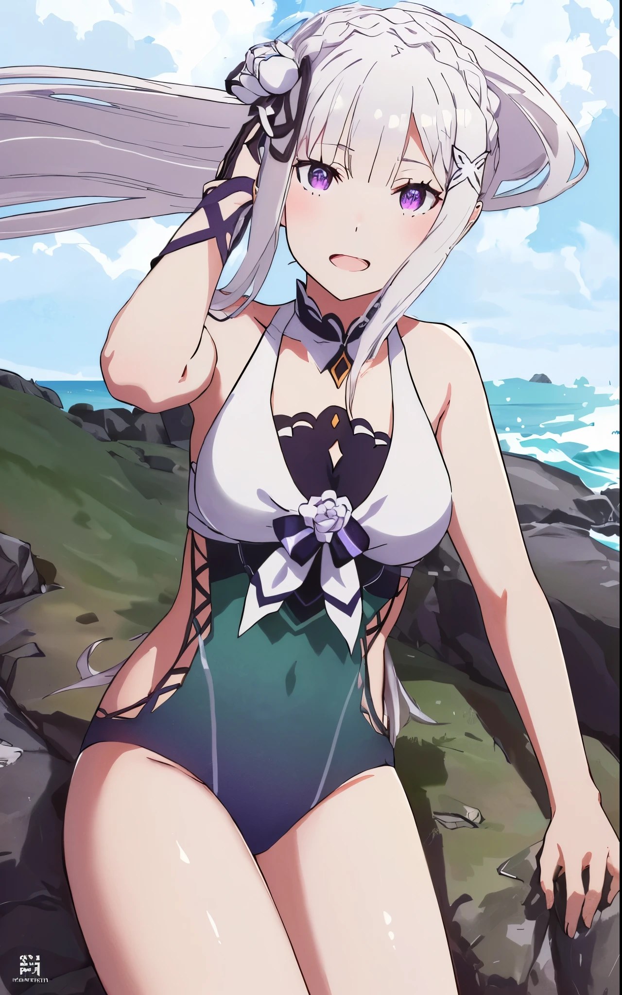 Emilia re:zero, purple eyes, Emilia, crown braid, x hair ornament, flower hair ornament, white hair, long hair, medium breasts, anime girl in a bikini on a rocky beach, white haired deity, azur lane style, is wearing a swimsuit, from girls frontline, from the azur lane videogame, perfect white haired girl, rem rezero, at the beach, zerochan art, official art, fate grand order, hana yata, lolish, white haired