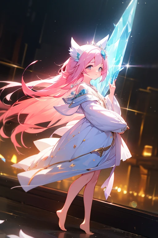 (best quality1.4)++, (masterpiece1.4)++, (detailed1.4)+, 1girl, cute face, fox girl, ice queen, (long pink hair)+, elegant, royal, cute, barefoot, detailed pink jacket, cute multilayered skirt, gold jewelry, full body shot, natural lighting, soft lighting, dramatic lighting, highly detailed, unreal engine, bokeh, 8k uhd, raytracing, lumen reflections, volumetric fog, Digital art, character design, concept art, divine, celestial, featured on pixiv, epic composition