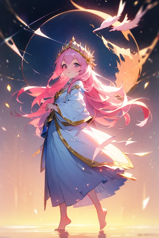(best quality1.4)++, (masterpiece1.4)++, (detailed1.4)+, 1girl, cute face, fox girl, ice queen, (long pink hair)+, elegant, royal, cute, barefoot, detailed pink jacket, cute multilayered skirt, gold jewelry, full body shot, natural lighting, soft lighting, dramatic lighting, highly detailed, unreal engine, bokeh, 8k uhd, raytracing, lumen reflections, volumetric fog, Digital art, character design, concept art, divine, celestial, featured on pixiv, epic composition