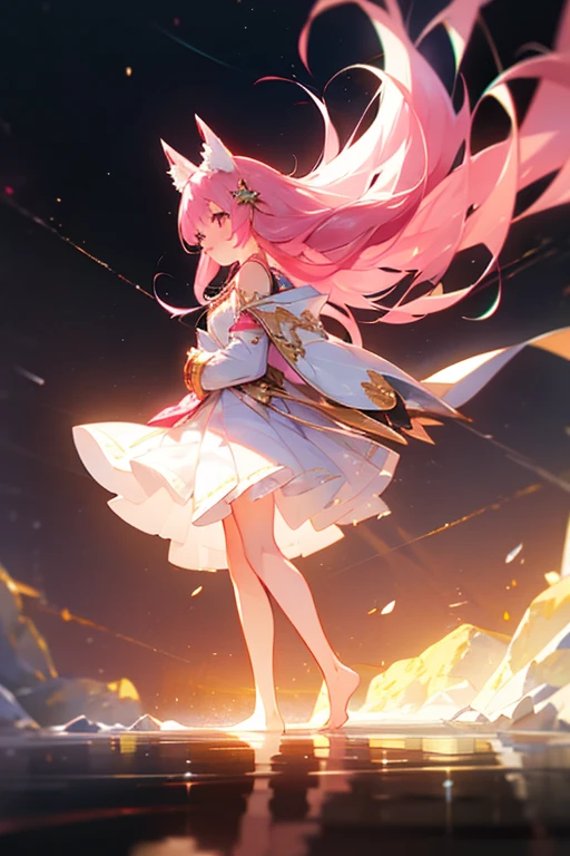 (best quality1.4)++, (masterpiece1.4)++, (detailed1.4)+, 1girl, cute face, fox girl, ice queen, (long pink hair)+, elegant, royal, cute, barefoot, detailed pink jacket, cute multilayered skirt, gold jewelry, full body shot, natural lighting, soft lighting, dramatic lighting, highly detailed, unreal engine, bokeh, 8k uhd, raytracing, lumen reflections, volumetric fog, Digital art, character design, concept art, divine, celestial, featured on pixiv, epic composition