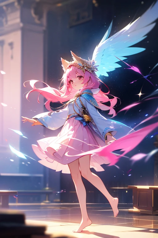 (best quality1.4)++, (masterpiece1.4)++, (detailed1.4)+, 1girl, cute face, fox girl, ice queen, (long pink hair)+, elegant, royal, cute, barefoot, detailed pink jacket, cute multilayered skirt, gold jewelry, full body shot, natural lighting, soft lighting, dramatic lighting, highly detailed, unreal engine, bokeh, 8k uhd, raytracing, lumen reflections, volumetric fog, Digital art, character design, concept art, divine, celestial, featured on pixiv, epic composition