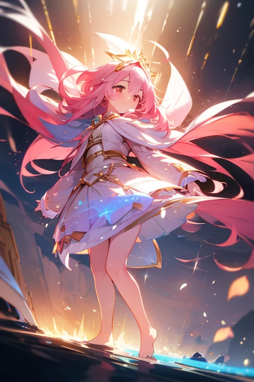 (best quality1.4)++, (masterpiece1.4)++, (detailed1.4)+, 1girl, cute face, fox girl, ice queen, (long pink hair)+, elegant, royal, cute, barefoot, detailed pink jacket, cute multilayered skirt, gold jewelry, full body shot, natural lighting, soft lighting, dramatic lighting, highly detailed, unreal engine, bokeh, 8k uhd, raytracing, lumen reflections, volumetric fog, Digital art, character design, concept art, divine, celestial, featured on pixiv, epic composition