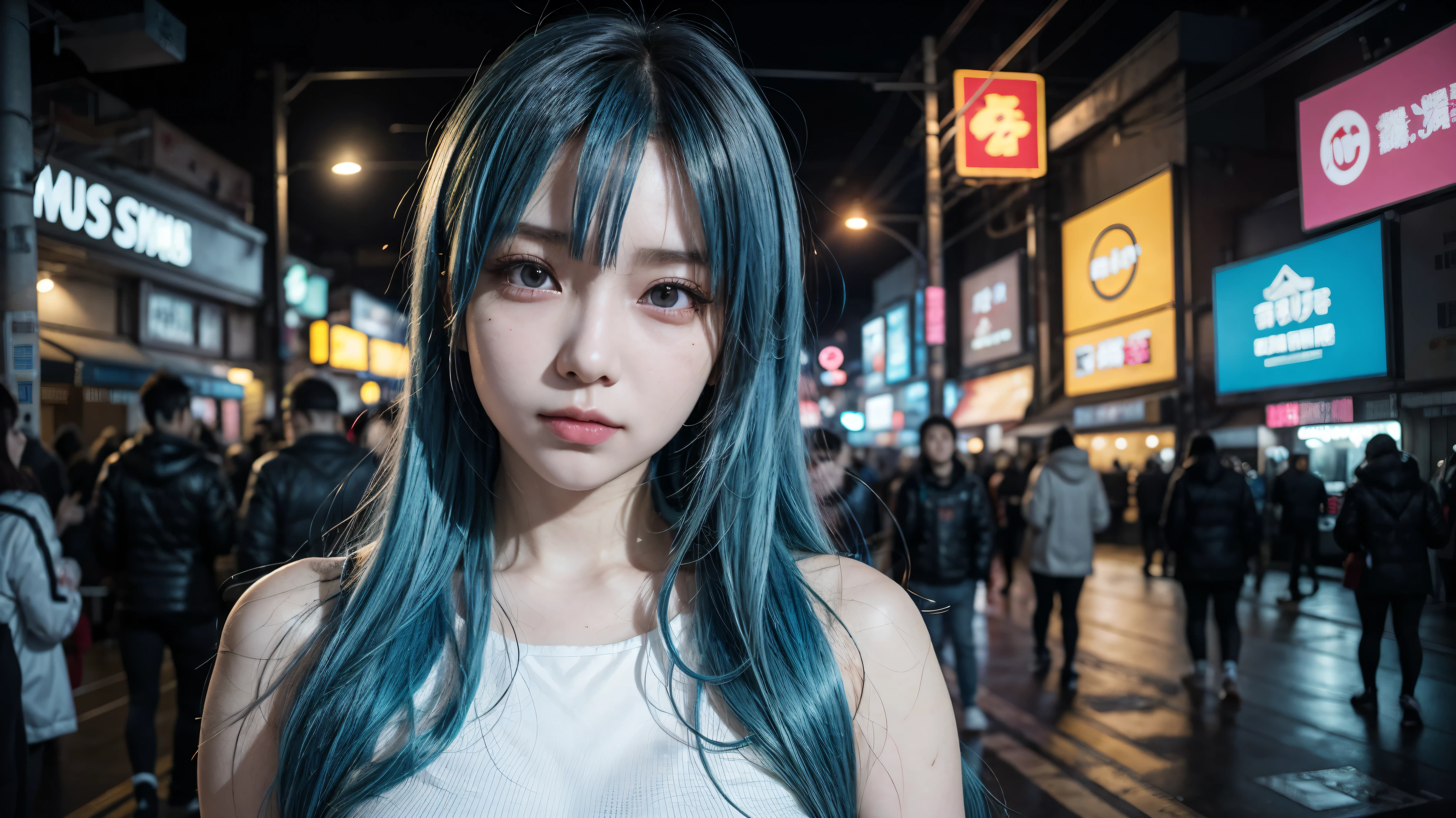 there is a woman with a blue hair and a white top, anime girl cosplay, inspired by Leng Mei, photo of slim girl model, anime girl in real life, seductive anime girl, cyberpunk 2 0 y. o model girl, chinese girl, female cyberpunk anime girl, photo of slim girl, beautiful cyberpunk woman model, anime cosplay, cosplay photo, cosplay