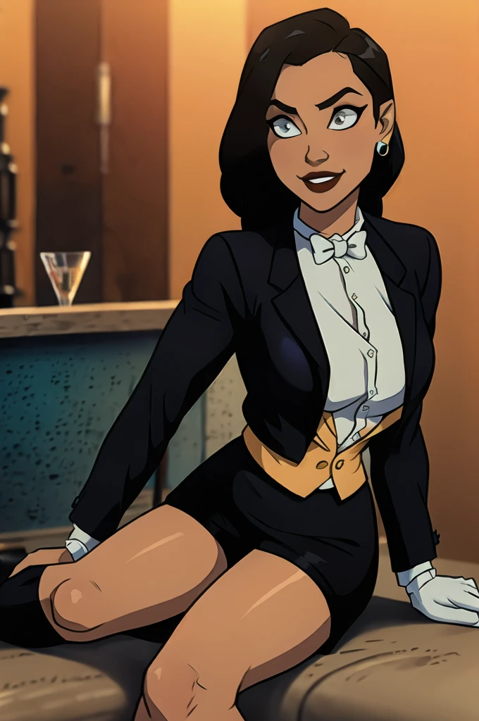 Zatanna, realistic, realism, photorealism, photo-realistic, high contrast, (photorealistic:1.4), 8k high definition detailed realistic, (best quality, masterpiece:1.2), NSFW,  photon mapping, radiosity, physically-based rendering, best quality, highly detailed, 1girl, anaa, full body, Jewelry, earring, outdoor,woods,((skirt suit)), suit and bowtie, (((tuxedo))), silk dress shirt, shirt and bowtie, (((bowtie))), ((blazer)), ((suit jacket)), ((waistcoat)), ((bodycon miniskirt)), (((pencil skirt))), pantyhose, tights, stockings, pocket square, tailored suit, (((cufflinks))), smile, full body, high heels,sitting at bar, from side,  inside, bar, ,sipping drink, white gloves, hot body , gorgeous breast