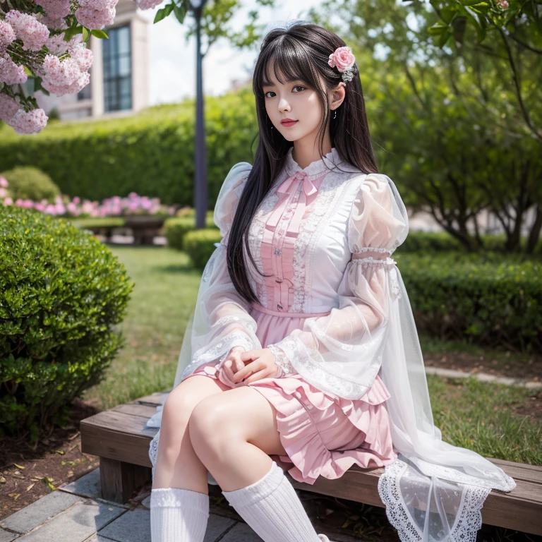 best quality, masterpiece, lifelike, 1 girl, solitary, eternity, Black Hair, Long curly hair, Bangs, laugh out loud, layered lace skirt, Puff sleeves, Wide sleeves, Transparent sleeves, flower, Detailed background, Delicate face,pink blush,White,Knee socks, Pink shoes,cold,Lots of lace,((masterpiece))、(top quality)、8k、High Detail、Ultra Detailed、 21 years old female,masterpiece、born、Intricate details showcase the ruffles and intricate designs of the Lolita dress、fair、magic、realism、Visual effects、FXAA、SSAO、shader、voiceless、Ambient Lighting、Tone Mapping、high resolution、Ultra HD、Million pixels、(8k resolution:1.10)、8k resolution、High Detail、Intricate details、 (high quality:1.2、masterpiece:1.2、:1.21)、(21 years old female),Hair accessories are not allowed, Laugh happily,Short skirt