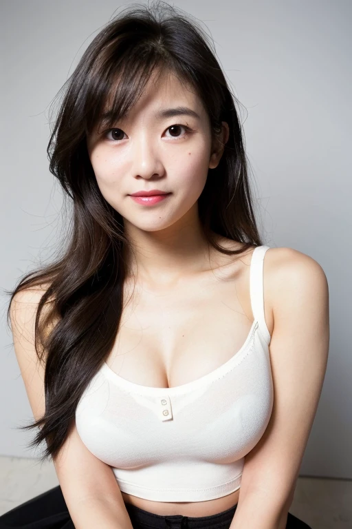 View with caution, 16k, photorealistic, highest quality, masterpiece, super high resolution, RAW photo, realistic, bright lighting, alone, adult Japanese woman, cute woman, very cute, realistic skin texture, realistic eyes and face Details, beautiful eyes, big eyes, black eyes, inconspicuous tear bags, slim, medium big breasts, no bra, camel toe, neatly arranged black straight hair, dark brown hair, looks happy, cleavage, (( (cotton micro miniskirt))), (((white tank top))), (((upskirt))), 20 years old, standing upright in front of the white snow-white wall, smiling