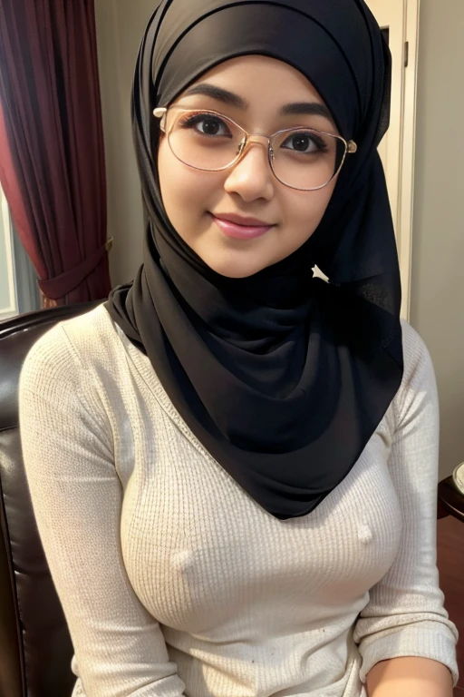 (iu:0.8).cleavage, RAW, Best quality, high resolution, Masterpiece: 1.3, Beautiful glasses hijabi java girl wearing scarf_top and boyshort, Masterpiece, Soft smile, table shots