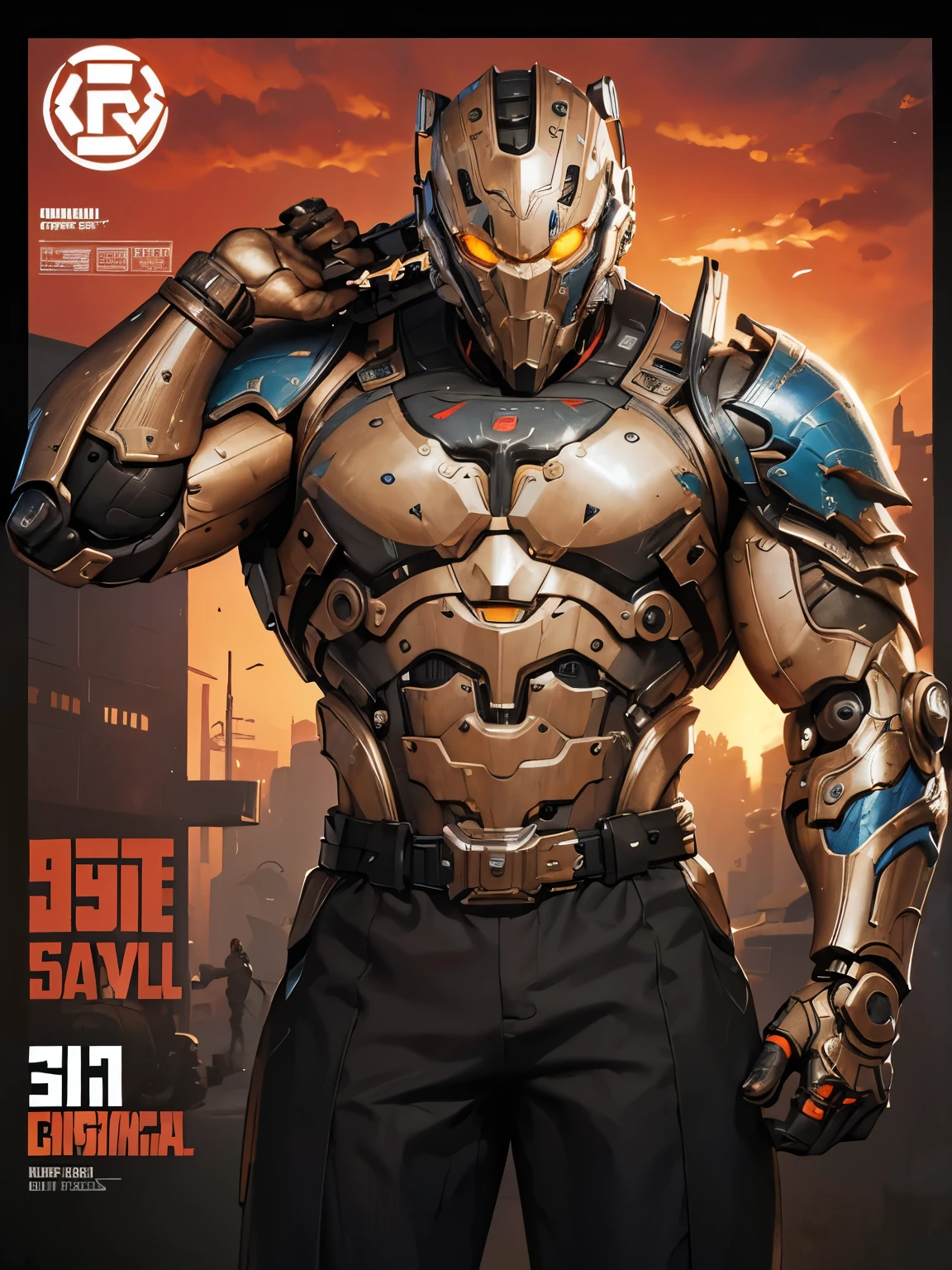 wearing a mechanical suit, Mechanical wonder, Cyberpunk, Cybernetic Guardian, futuristic armor, full body, front pose, symmetry, intricate (steel metal [rust]), joints, warframe style, cyborg, male body and armor, Chainsaw Man  