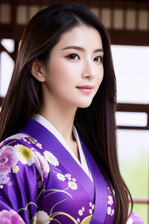 highest quality，High resolution，masterpiece：1.3），Tall and beautiful woman，frontage，Long Dark Hair，kimono,　Purple kimono，Taking off one&#39;s clothes,　Bare skin is visible from the shoulders,　Woman showing back,　The background is the upper floors of a high-rise apartment building.，You can see the outside view,　Beautifully expresses the fine details of the face and skin texture，Fine skin quality,　Attractive eyes，double eyelid,　Sexy women,　The face is bowed and facing away,　Embarrassed expression