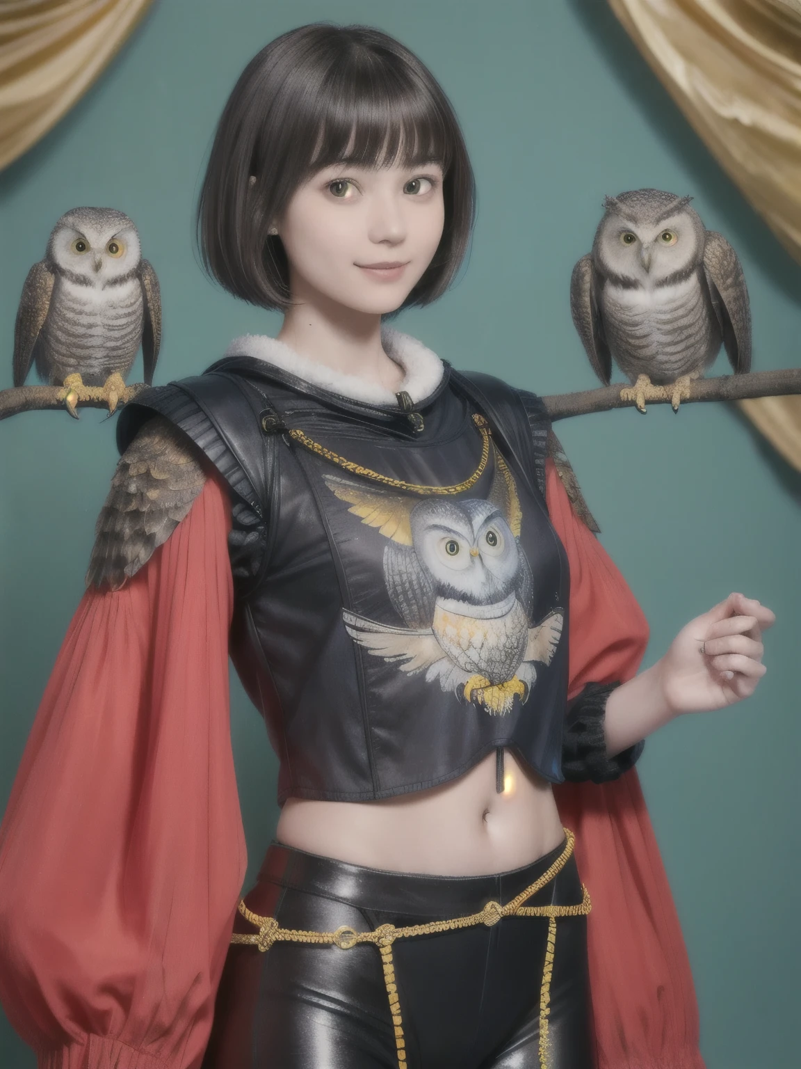 224 Short Hair, 20-year-old woman, A kind smile, (There are also colorful owls), (Rembrandt-style painting), ((machinery suit,Clothes with short sleeves)),I can see your abs