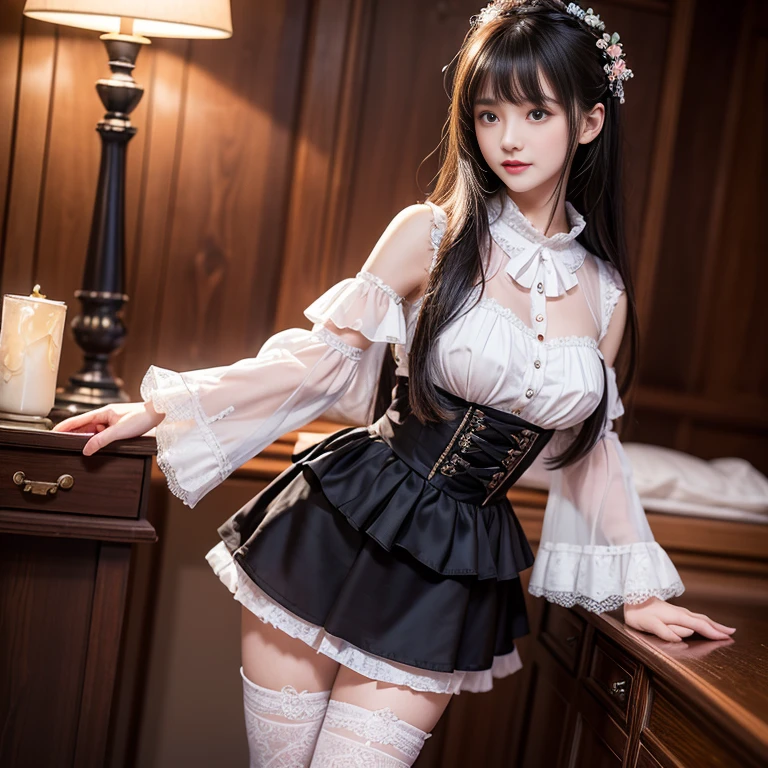 High image quality0.5,A 20-year-old maid in a sexy position without pants has black hair and a bra color that shows through.
