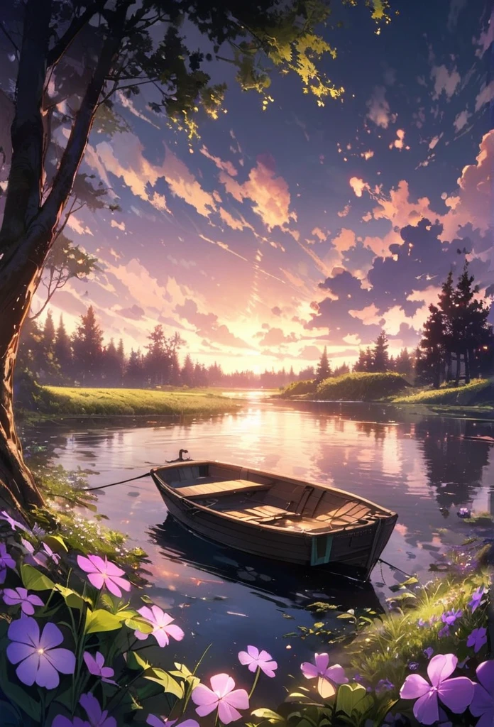 Calm spring night landscape, amongst lush greenery, beautiful view, creeping phlox in full bloom, creeping phlox, sunrise sky, beautiful clouds, dappled sunlight, outdoors, Tranquil Lake, Boat on a Lake, depth of field, masterpiece, best quality, ultra-detailed, very aesthetic, illustration, perfect composition, intricate details, absurdres, moody lighting, wisps of light divine ✨️, perfect lighting illustration illumination