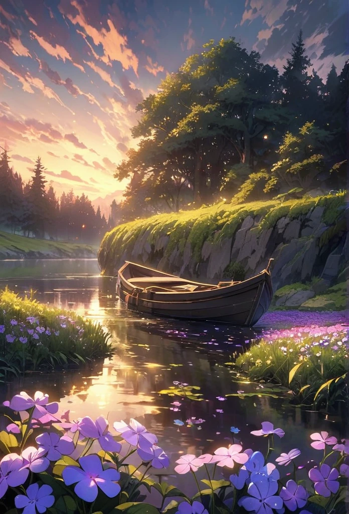 Calm spring night landscape, amongst lush greenery, beautiful view, creeping phlox in full bloom, creeping phlox, sunrise sky, beautiful clouds, dappled sunlight, outdoors, Tranquil Lake, Boat on a Lake, depth of field, masterpiece, best quality, ultra-detailed, very aesthetic, illustration, perfect composition, intricate details, absurdres, moody lighting, wisps of light divine ✨️, perfect lighting illustration illumination