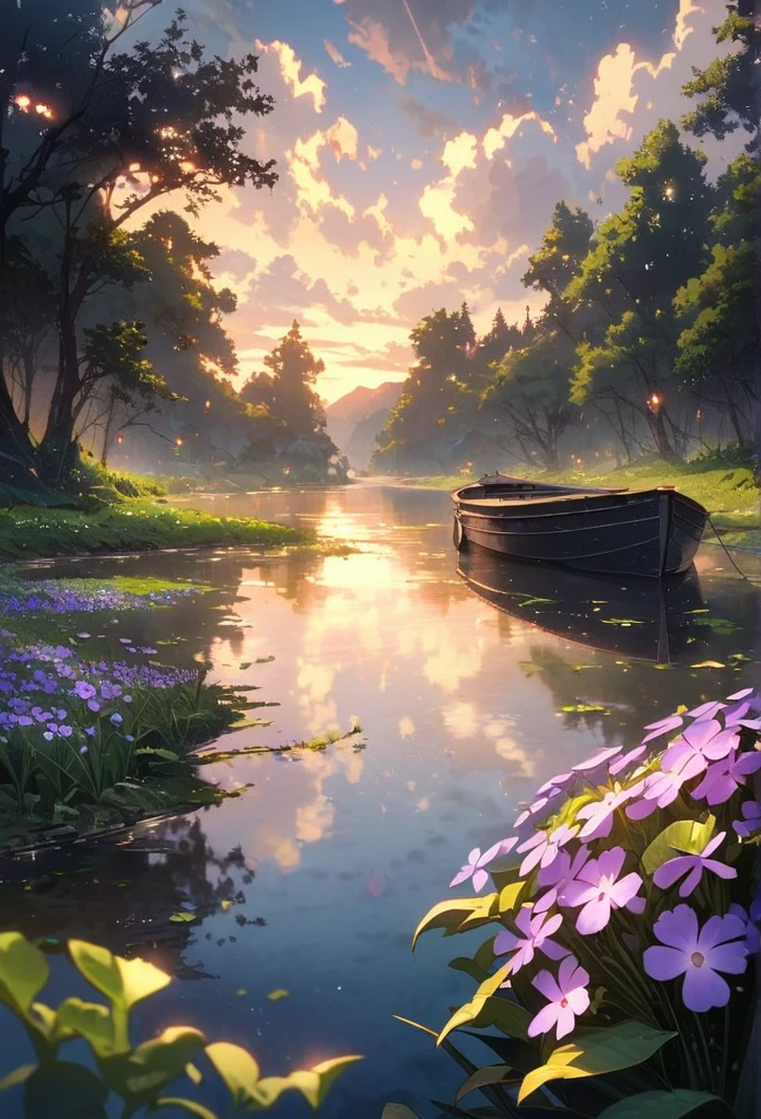 Calm spring night landscape, amongst lush greenery, beautiful view, creeping phlox in full bloom, creeping phlox, sunrise sky, beautiful clouds, dappled sunlight, outdoors, Tranquil Lake, Boat on a Lake, depth of field, masterpiece, best quality, ultra-detailed, very aesthetic, illustration, perfect composition, intricate details, absurdres, moody lighting, wisps of light divine ✨️, perfect lighting illustration illumination