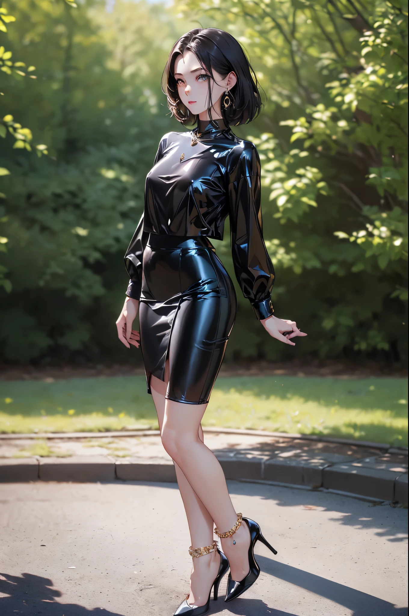 ((Biologically correct limb count))、((Full Body Shot, Full-body photo including face、Head to toe photos))、Standing position、[Browsing Caution]、4K、masterpiece、((Focus on the face))、((Symmetrical facial features))、Eyes of meticulous depiction、Beautiful woman、Excellent style、Beautiful feet、Facial detailing、Small earrings、necklace、((Close-up photo of the upper body))、((Latex shirts、Latex skirt、Black Stockings、High heels with anklets）)、Park scenery on a holiday morning、(( Sweating profusely))、Low - Angle、(Shy)、
