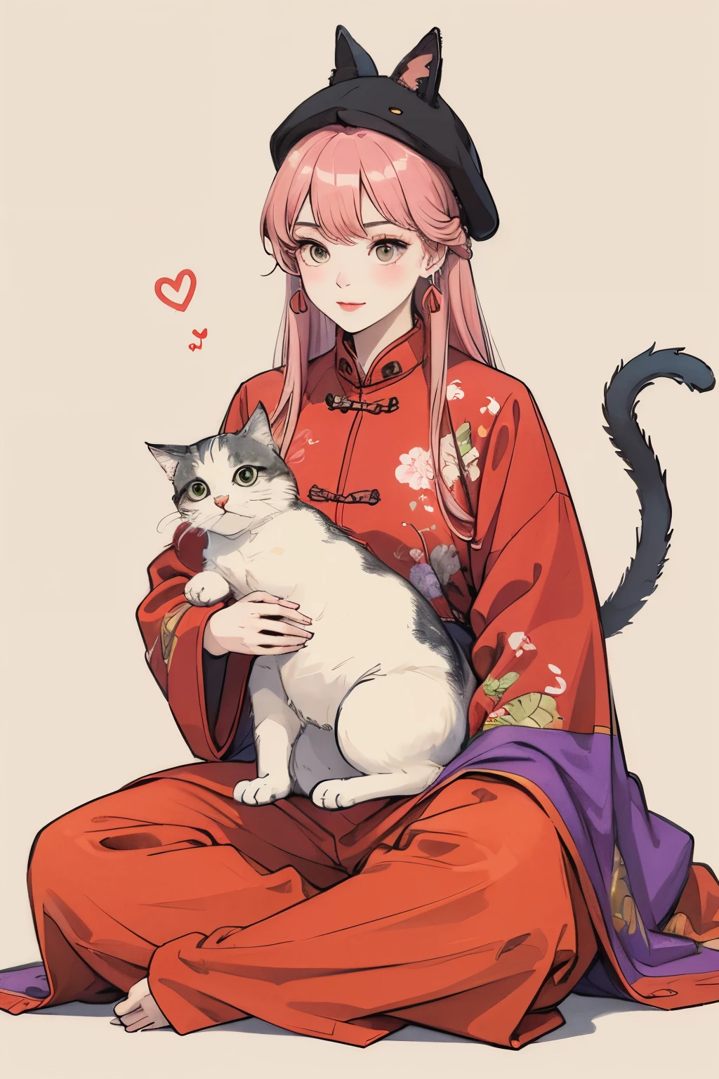 Traditional Chinese illustration,a girl with pink hair,wearing a purple print jacket and a cat-eared hat on her head,holding a kitten,sat on the ground.,